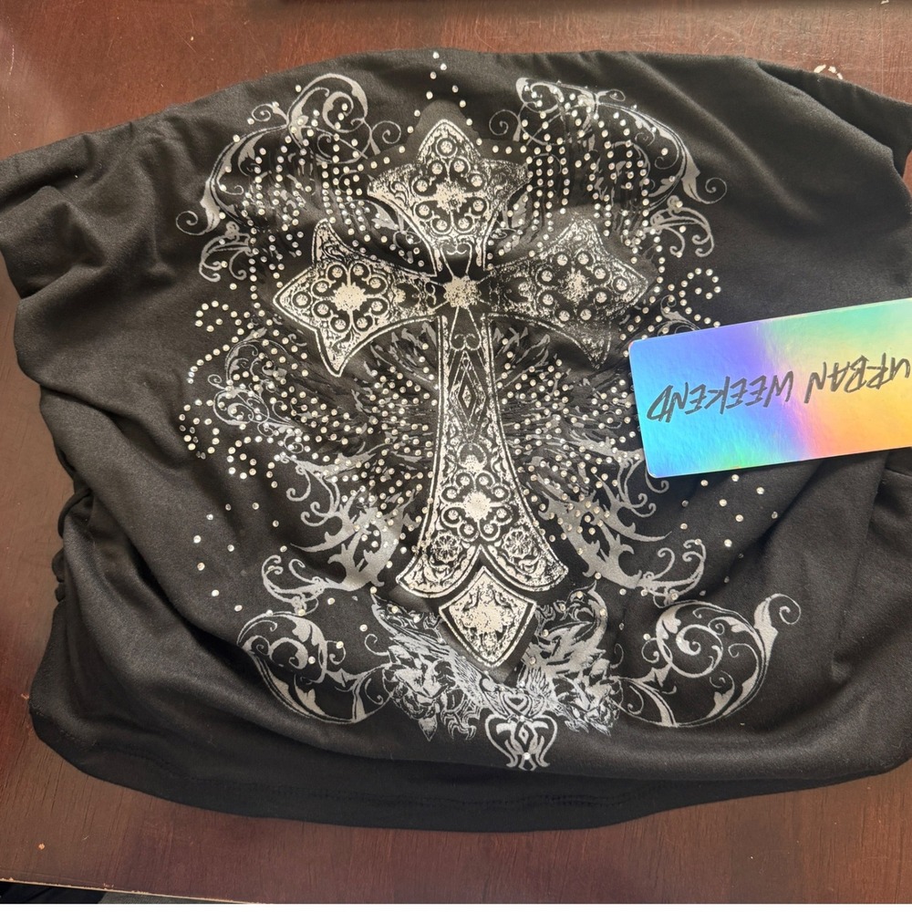 NWT Y2K Urban Weekend Black Rhinestone Grunge Cross Tube Top XL  Ruched